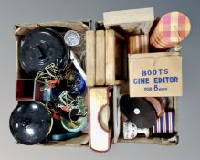 Two boxes containing a crystal ship's decanter, ornaments, wooden carvings in frames,