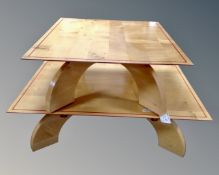 Two contemporary pine veneered low coffee tables