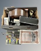 A box containing a fishing set, Fujica ST605N SLR camera, mantel clock, alarm clock, horns etc.