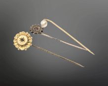 Three gold pins set with ruby/diamond/pearl (3)