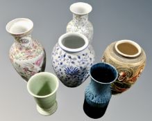 Six assorted vases including Japanese Satsuma example.