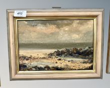 Frank Burke (British Contemporary) : Seagulls at low tide, oil on board, 25cm by 17cm.