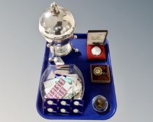 A silver plated egg coddler, together with Russian Sekonda pocket watch,