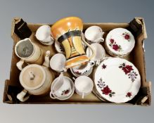 A box of part Colclough rose patterned bone china tea services, Myott hand painted art deco jug,