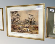 Michael Crawley (British contemporary) : Sheep in valley landscape, watercolour, 35cm by 27cm.