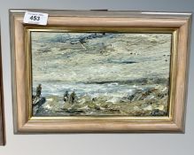 Frank Burke (British Contemporary) : Figures on a shoreline, oil on board, 25cm by 15cm.
