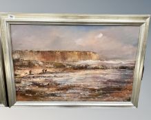 Frank Burke (British Contemporary) : Figures on a beach at low tide, oil on canvas, 76cm by 50cm.