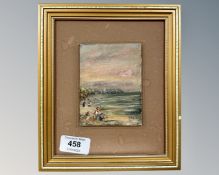 Frank Burke (British Contemporary) : Figures on a beach at sunset, oil on board, 8cm by 10cm.