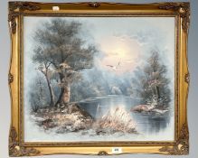 Continental School : Winter landscape at moonlight, oil on canvas, 60cm by 50cm.