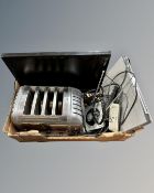 A box containing electricals including a Dualit four slice toaster, Samsung 19