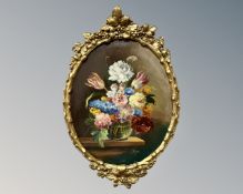 Continental school : Still life with flowers in a vase, oil painting, 22cm by 33cm.