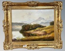 Andrew Grant Kurtis (British Contemporary) : View across a loch with mountains beyond,