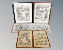 Two Robert Ollie prints in frames together with three further pictures.