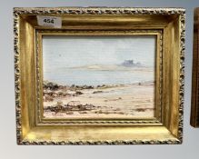 Frank Burke (British Contemporary) : A coastal view towards Bamburgh castle, oil on board,