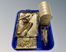 A tray containing assorted brass ware including twin handled tray, shoehorns, embossed plaque,