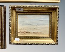 Frank Burke (British Contemporary) : Coastal view at low tide, oil on board, 17cm by 12cm.