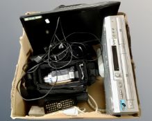A box containing a JVC camcorder in bag, a Sony DVD/VCR recorder, Alba 19