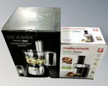 A Go Cook 2.4l food processor together with a Morphy Richards spiralizer express, both parts boxed.