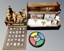 Two boxes containing Tetley bitter wall clock together with a further Tetley Inn pub sign montage,