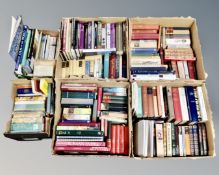Six boxes containing hard and soft back volumes including novels, reference,