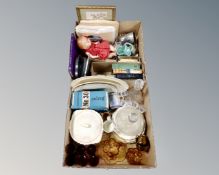 Two boxes of amber glass ware, drinking vessels, glass decanters, antique books,