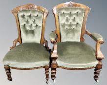 A pair of Victorian lady's and gents walnut framed armchairs in green dralon upholstery.