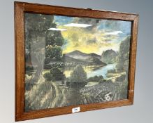 A continental colour print depicting a lake at sunset, 52cm by 40cm.