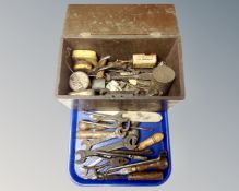 A tray of wooden tool box of assorted hand tools, spanners and pliers, oil can,