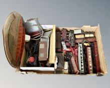 A box of assorted rolling stock including Hornby Dublo track,