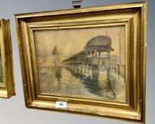 Continental School : Pier in a harbour, watercolour drawing, 28cm by 20cm.