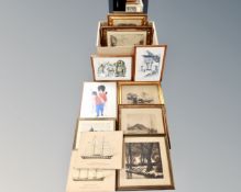 A box of Continental pictures and prints, monochrome wood block print signed B Holme dated 1919,