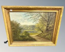 Continental School : A view across a lake, oil on canvas, 87cm by 65cm.