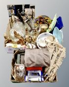 Two boxes of gilt wall brackets, silver plated wares, picture mirror, tea china,