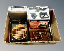 A box of Draper 350W submersible pump, brass taps, Rabone Chesterman spirit level,