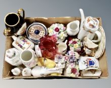 A box containing assorted ceramics, china flower posies, Beatrix Potter plates, Poole vase etc.