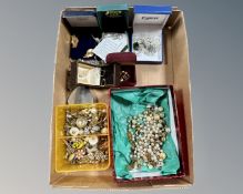 A collection of costume jewellery, yellow metal earrings indistinctly stamped,