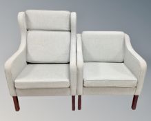 A late 20th century Scandinavian wing backed armchair in pale green upholstery together with