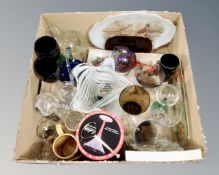 A box of assorted decorative drinking glasses, one example hand painted in Donegal,