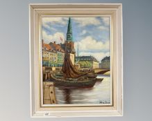 Herm Jensé : Boats in a canal, oil on canvas, 42cm by 54cm.