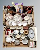 Two boxes containing assorted tea china, drinking glasses,
