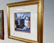 A continental colour print depicting buildings in a town, 19cm by 21cm.