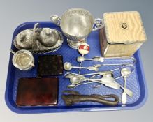 A tray of faux tortoiseshell cigarette cases, vintage Ringtons tin, plated trophy,