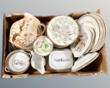 A box of H J Wood Indian tree pattern jug, gilt dinner china, Losol ware,