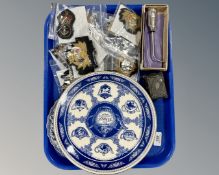 A tray of china plates, Navy badges,