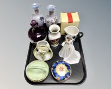 A tray of pair of Maling lustre vases decorated with peacocks, further Maling basket, Chokin vase,