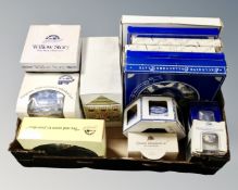 A box of Ringtons blue and white china, collectors plates,