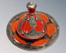 An Eastern metal mounted red glazed dish and similar lidded dish