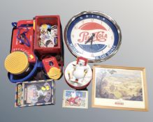 A box of Pepsi advertising clock, badges,
