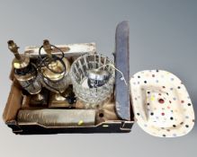 A box of contemporary glass table lamps, Emma Bridgewater Polka dot jar and serving platter,