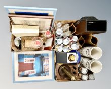Two boxes of pair of pottery vases, inlaid trinket box, pair of candle holders,